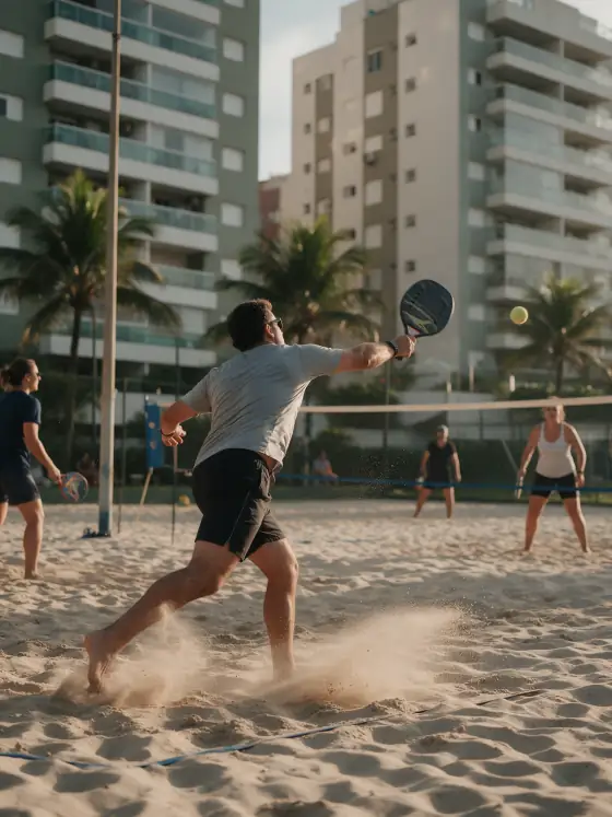 Moradores jogando beach tennis na quadra de areia do condomínio