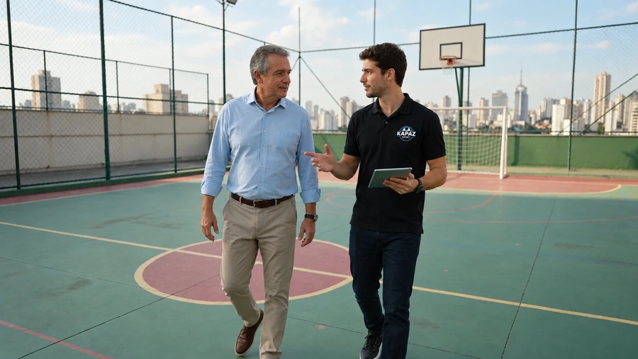 Síndico e consultor da Kapaz Sports avaliando a quadra poliesportiva ociosa no rooftop de um condomínio em São Paulo