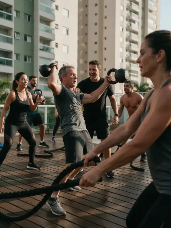 Treino funcional com kettlebell e corda naval no deck do condomínio