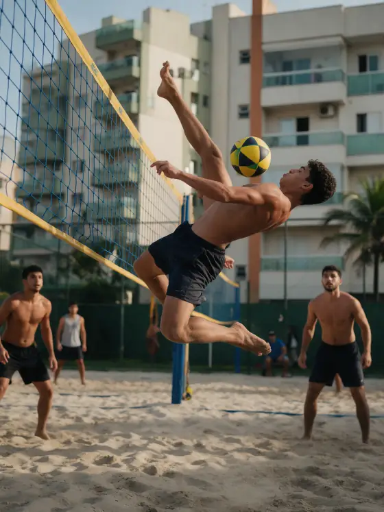 Jogador de futevôlei fazendo domínio acrobático na quadra de areia do condomínio