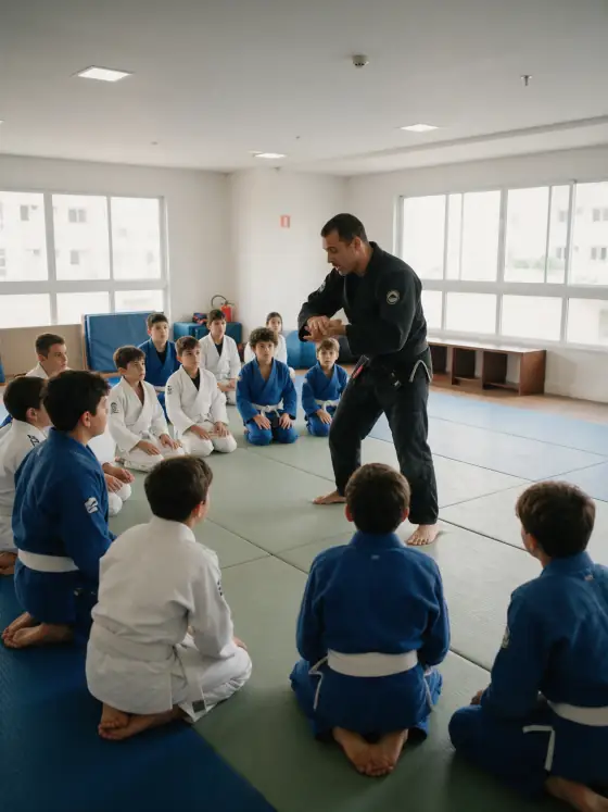 Aula de jiu-jitsu no tatame do espaço multiuso do condomínio