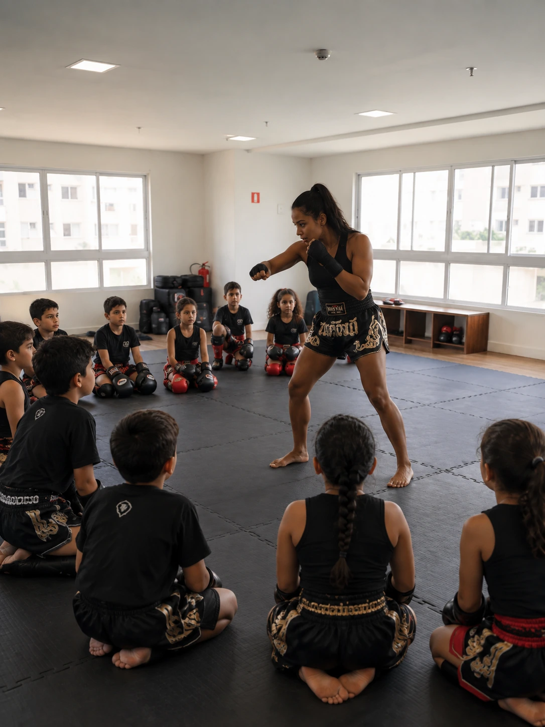 Aula de muay thai no espaço multiuso do condomínio