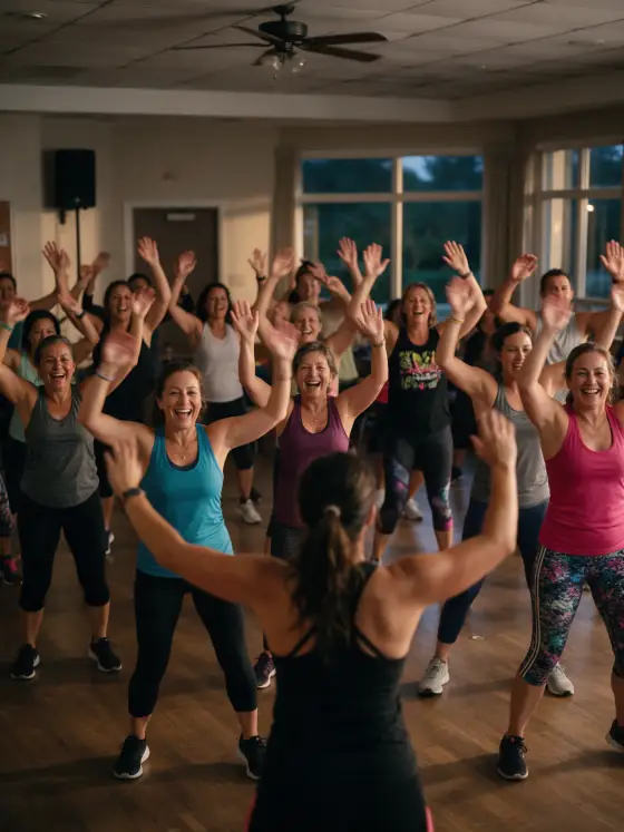 Aula de zumba animada no salão de festas do condomínio